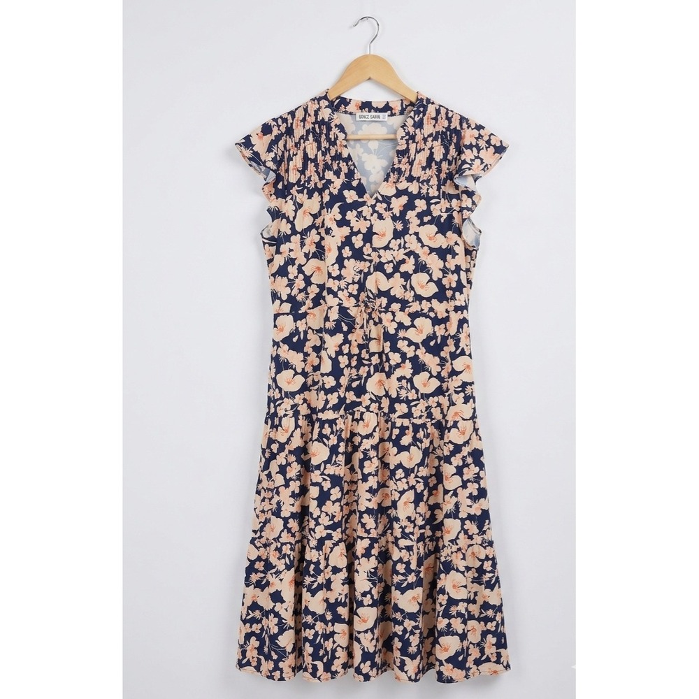 Grace Karin Floral Tiered Midi Dress Navy Blue Peach Flutter Sleeve Smocked Med